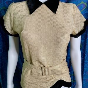 Vintage Virginia Grey 1930's Gold Lurex Black Velvet Belted Peplum Blouse Top